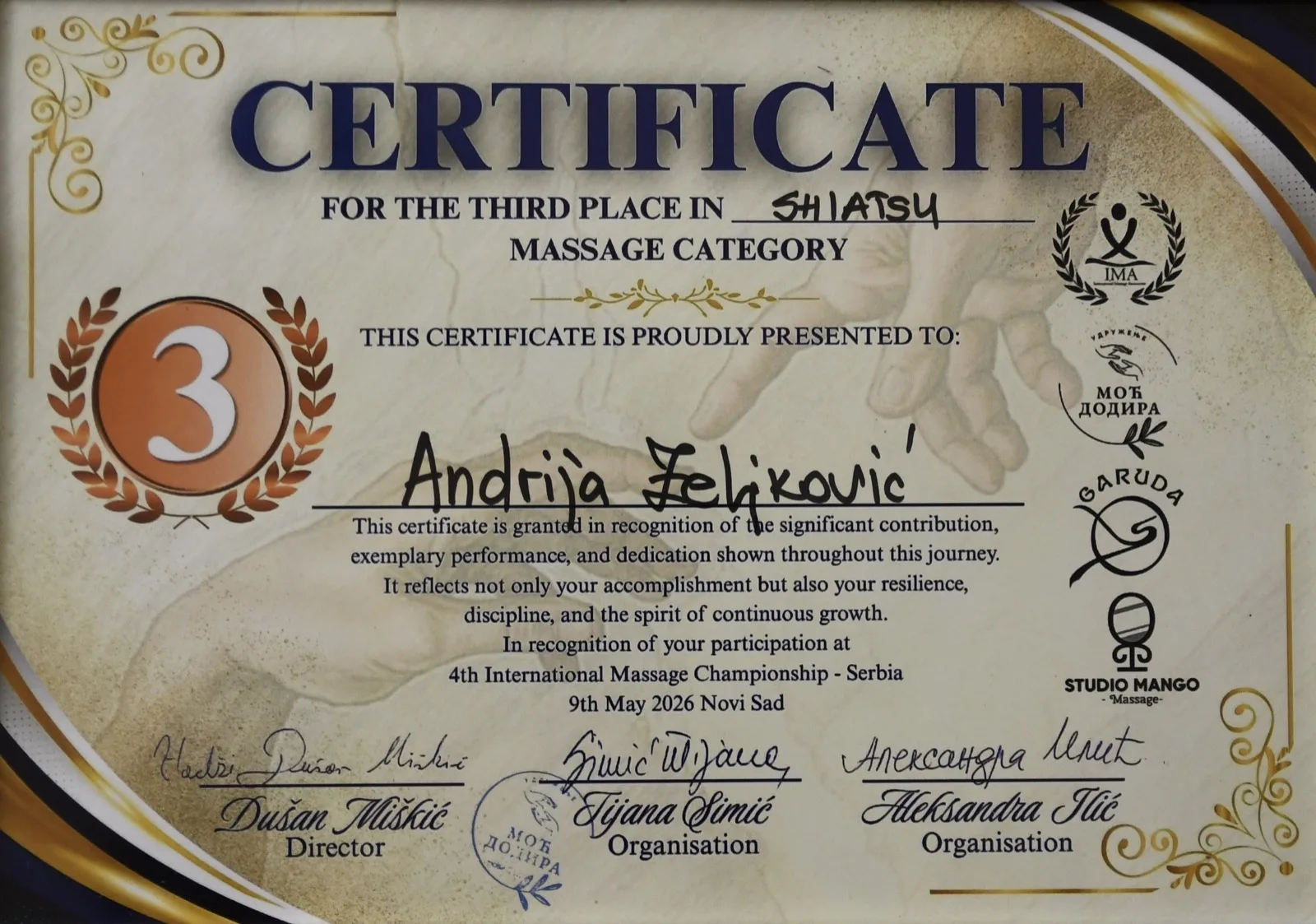 Diploma, 3. mesto Shiatsu